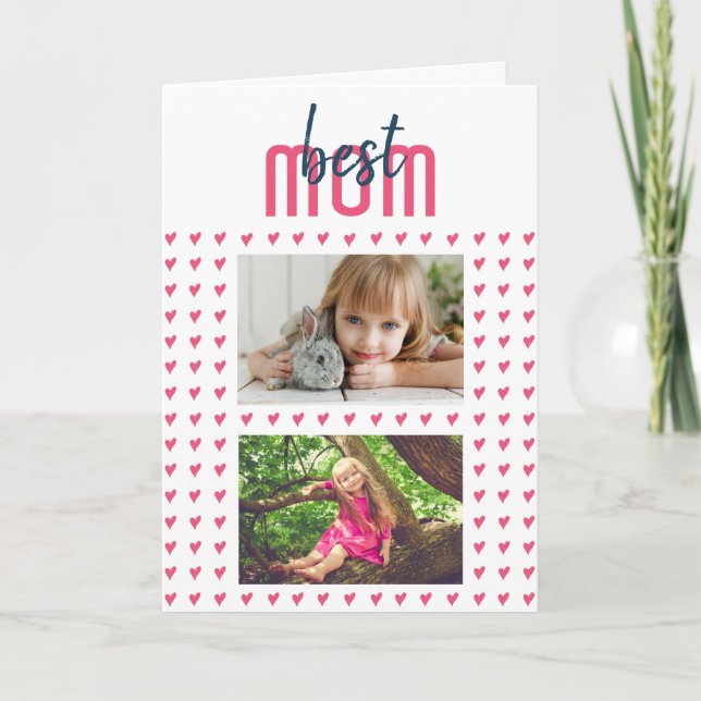 Cute Pink Heart Best Mum 2 Photo Mother`s Day Holiday Card (Front)