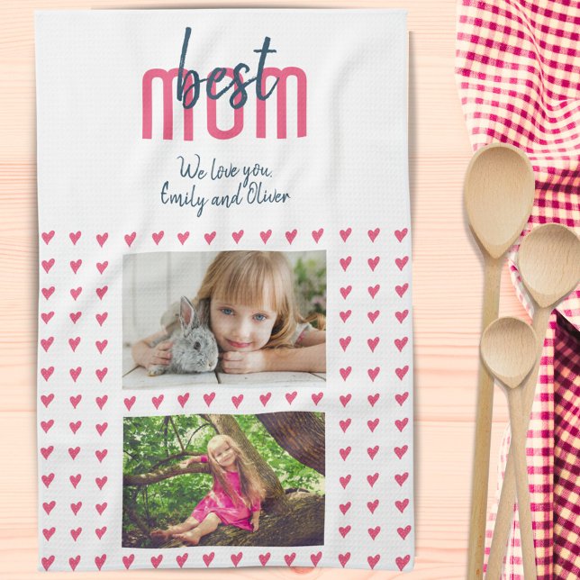 Cute Pink Heart Best Mum 2 Photo Mother`s Day  Tea Towel (Creator Uploaded)