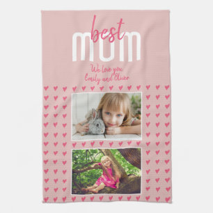 Cute Pink Heart Best Mum 2 Photo Mother`s Day Tea Towel