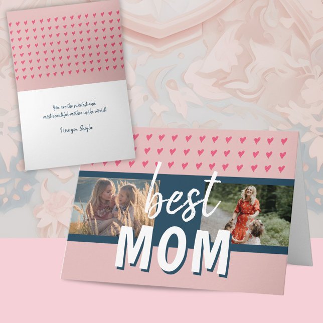 Cute Pink Heart Best Mum 2 Photos Mother`s Day Card (Creator Uploaded)