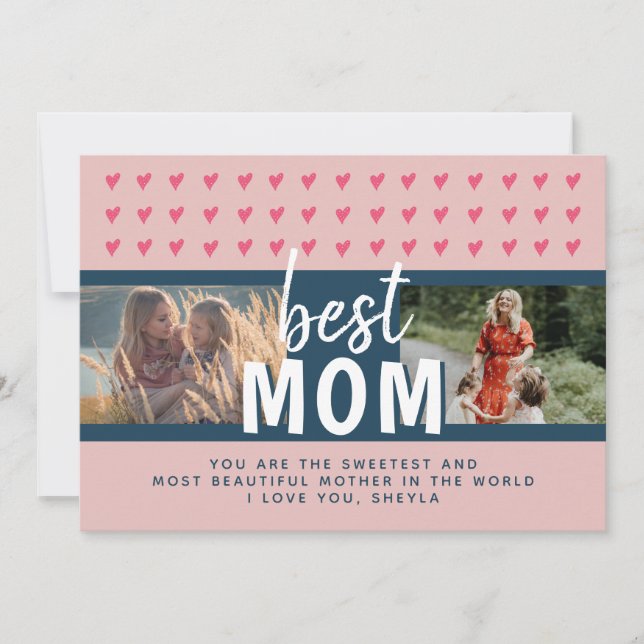 Cute Pink Heart Best Mum 2 Photos Mother`s Day Holiday Card (Front)