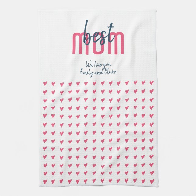 Cute Pink Heart Best Mum Mother`s Day Tea Towel (Vertical)