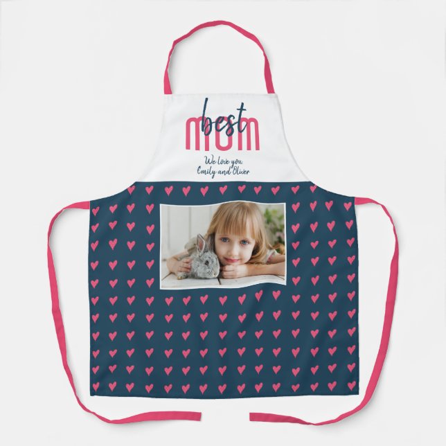 Cute Pink Heart Best Mum Photo Mother`s Day Apron (Front)