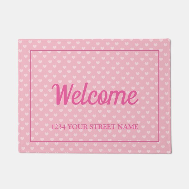 Cute pink heart custom street address welcome doormat (Front)