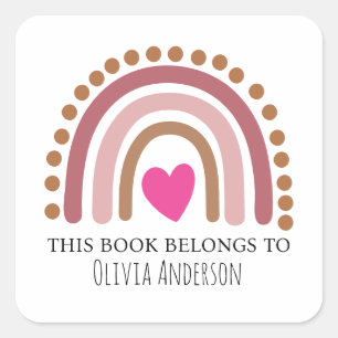Cute Pink Heart Dotted Rainbow This Book Belongs Square Sticker