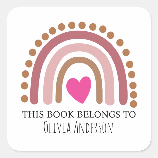 Cute Pink Heart Dotted Rainbow This Book Belongs Square Sticker (Front)