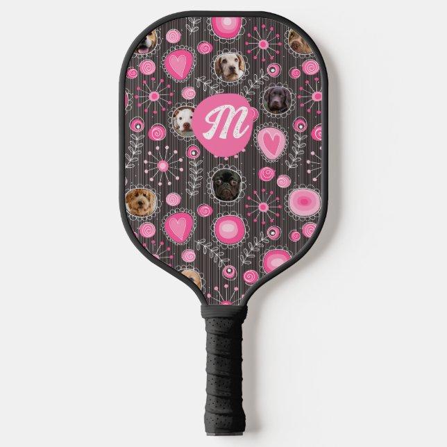Cute Pink Heart Flower Monogram Dog Photo Collage  Pickleball Paddle (Front)