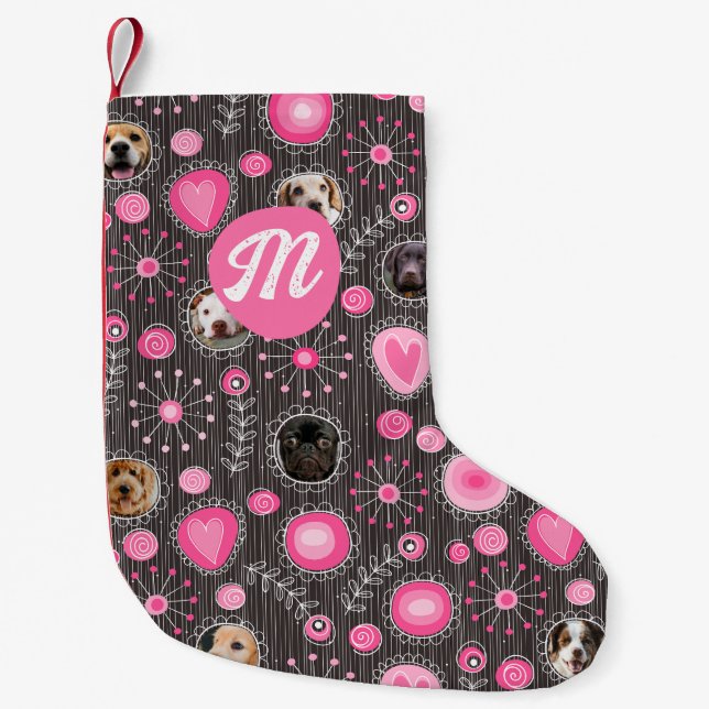 Cute Pink Heart Flower Monogram Dog Photo Collage  Small Christmas Stocking (Front)