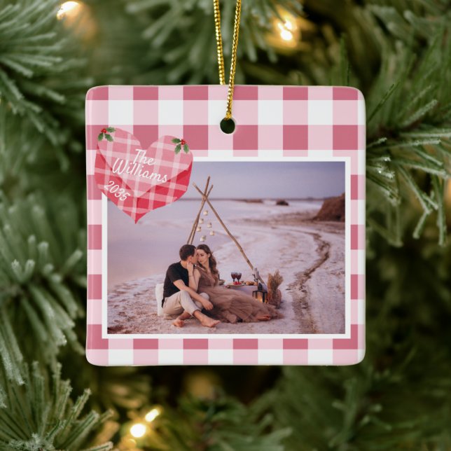 Cute Pink Heart Gingham Custom Photo Christmas Ceramic Ornament (Tree)