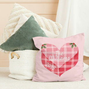 Cute Pink Heart Gingham Custom Photo Christmas Cushion