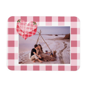 Cute Pink Heart Gingham Custom Photo Christmas Magnet
