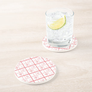 Cute Pink Heart Grid Pattern Coaster