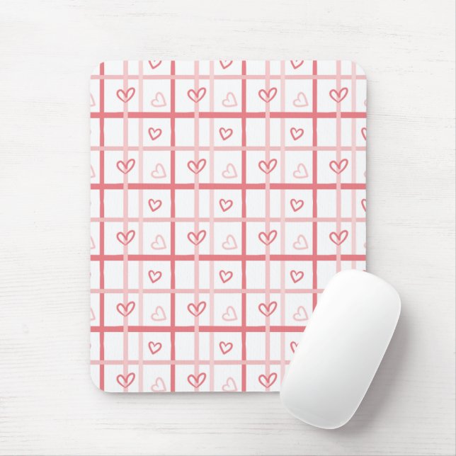 Cute Pink Heart Grid Pattern Mouse Mat (With Mouse)
