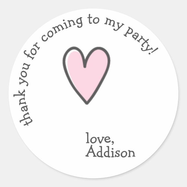 Cute Pink Heart - Kids Birthday Thank You  Classic Round Sticker (Front)