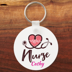 Cute Pink Heart lifeline Nurse Personalise Key Ring