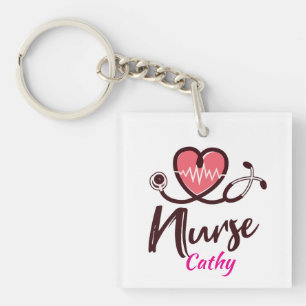 Cute Pink Heart lifeline Nurse Personalise Key Ring