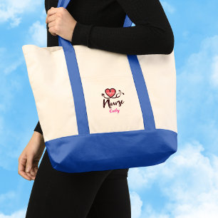 Cute Pink Heart lifeline Nurse Personalise Tote Bag