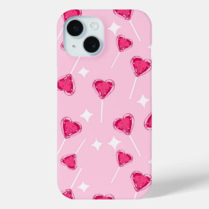 Cute Pink Heart Lollipop Seamless Pattern iPhone 15 Case