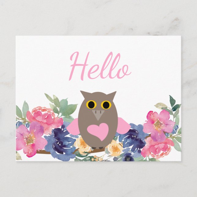 Cute Pink Heart Owl Floral Watercolor Hello  Postcard (Front)