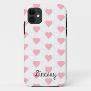 Cute Pink Heart Pattern White Customisable Name iPhone 11 Case