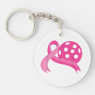 Cute Pink Heart Ribbon Pickleball Breast Cancer Aw Key Ring