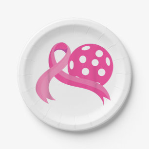 Cute Pink Heart Ribbon Pickleball Breast Cancer Aw Paper Plate