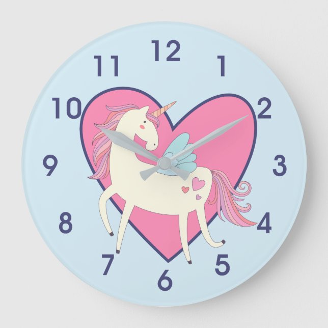 Cute Pink Heart Unicorn Nursery Large Clock (Front)