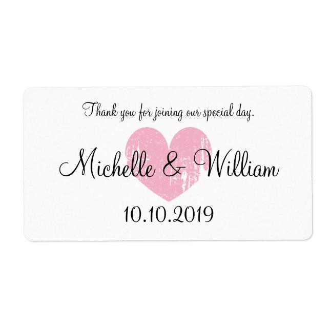 Cute pink heart wedding water bottle labels (Front)