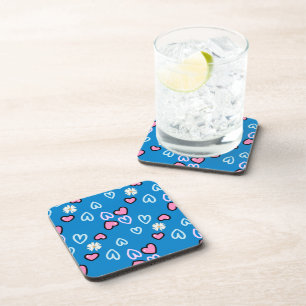 Cute Pink Hearts and Daisies Square Coaster