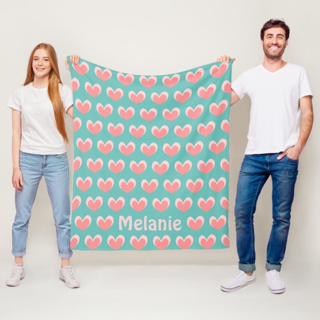 Cute Pink Hearts and Teal Pattern Personalised Fleece Blanket (In Situ)