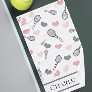 Cute Pink Hearts and Tennis Rackets Pattern Sports Hand Towel