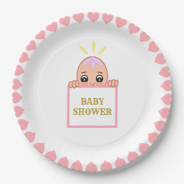Cute Pink Hearts Baby Shower Paper Plate (Front)