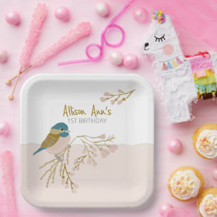 Cute Pink Hearts Chickadee Bird Floral Customise Paper Plate