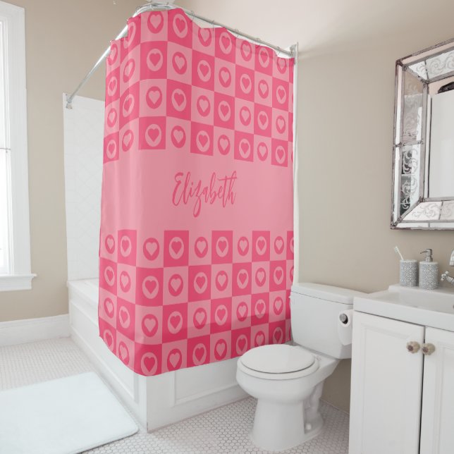 Cute Pink Hearts Circles Squares Pattern with Name Shower Curtain (In Situ)