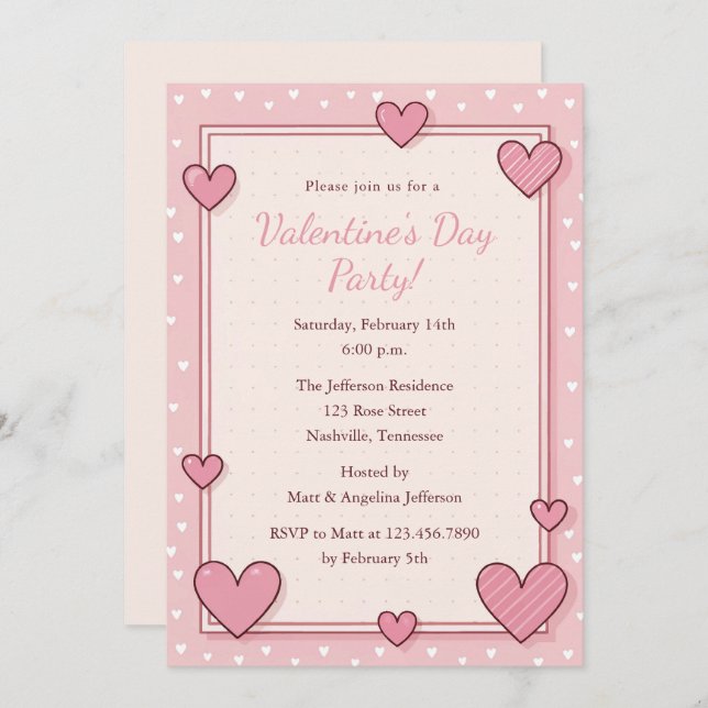 Cute Pink Hearts Frame Valentines Party Invitation (Front/Back)
