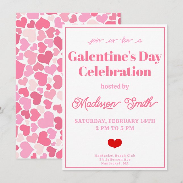 Cute Pink Hearts Galentine's Day Celebration Invitation (Front/Back)