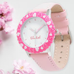 Cute Pink Hearts Girls Custom Name Girly Chic Kids Watch<br><div class="desc">Custom, personalised, kids girls fun cool pretty chic girly pink glitter strap, stainless steel case, wrist watch. Simply type in the name, to customise. Go ahead create a wonderful, custom watch for the lil princess in your life - daughter, sister, niece, grandaughter, goddaughter, stepdaughter. Makes a great custom gift for...</div>