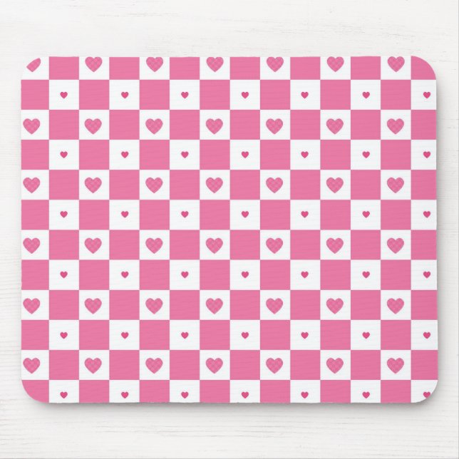 Cute Pink Hearts Girly Pink White Checker Pattern Mouse Mat (Front)