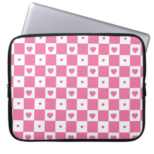 Cute Pink Hearts Girly Pink White Chequered Patter Laptop Sleeve