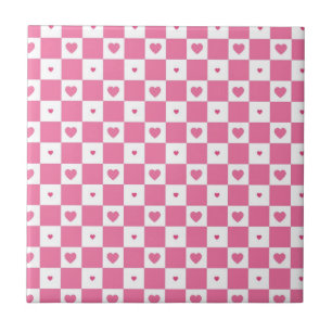 Cute Pink Hearts Girly Pink White Chequered Tile