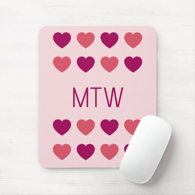 Cute Pink Hearts Initials Monogram Mouse Mat (With Mouse)