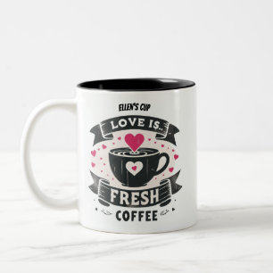 Cute pink hearts love is fresh coffee Two-Tone coffee mug