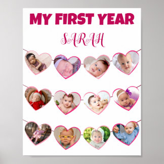 Cute Pink Hearts My First Year 12 Photo Collage Poster