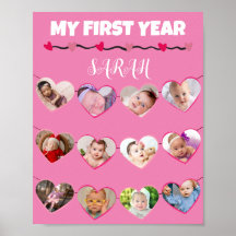 Cute Pink Hearts My First Year 12 Photo Collage