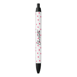 Cute Pink Hearts Script Name Monogram Black Ink Pen
