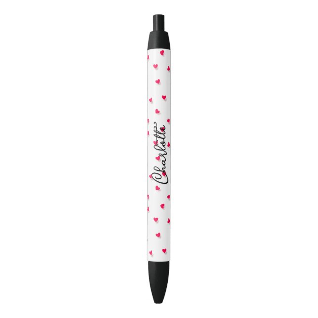 Cute Pink Hearts Script Name Monogram Black Ink Pen (Front Vertical)