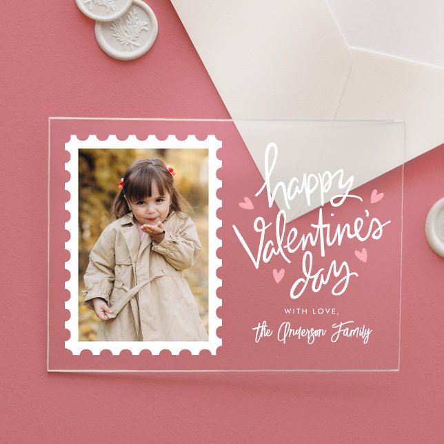 Cute Pink Hearts Stamp Photo Valentine's Day Acrylic Invitations (Creator Uploaded)