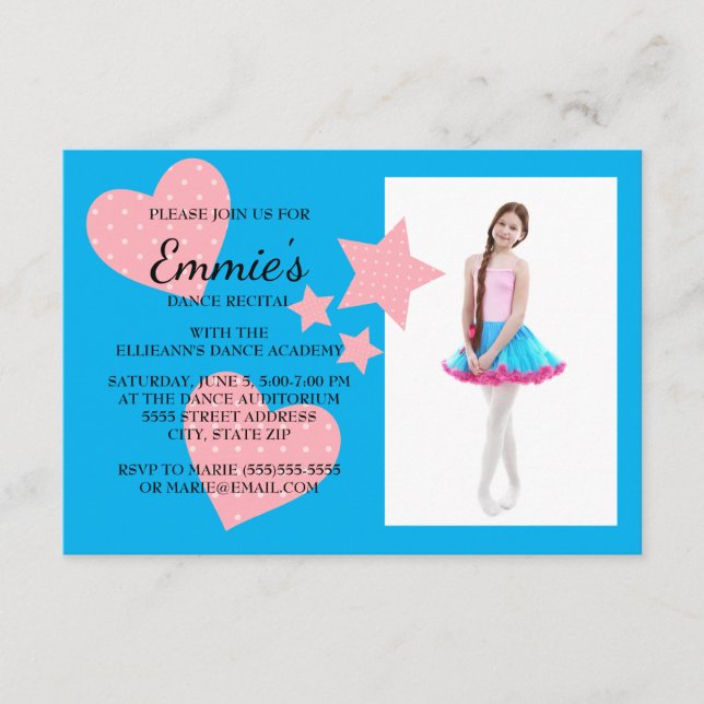 Cute Pink Hearts Stars Blue Dance Recital Photo Invitation (Front)
