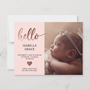 Cute Pink Hello Photo Baby Announcement