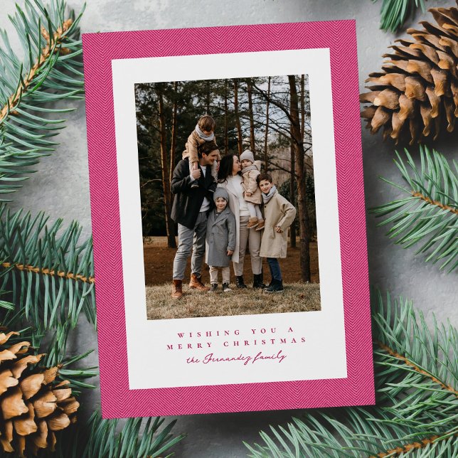 Cute pink herringbone frame Christmas photo Holiday Card (Creator Uploaded)